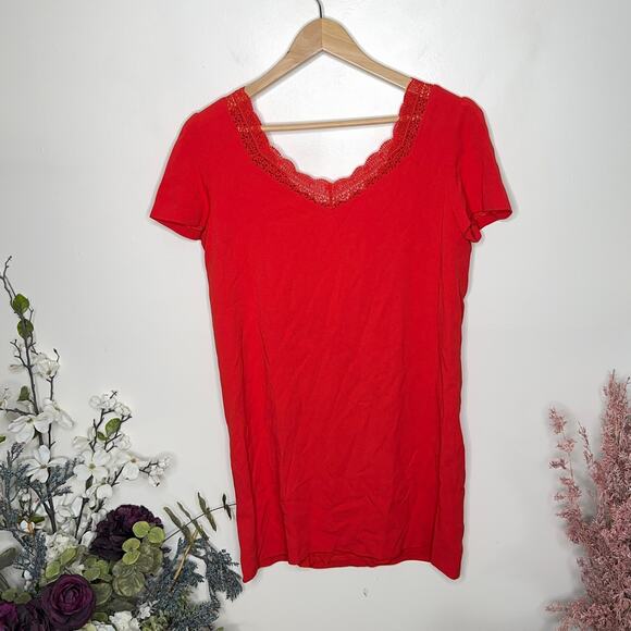 SEZANE Louisa Dress Coral Red Shift Lace Neckline {TT36} - Picture 7 of 9